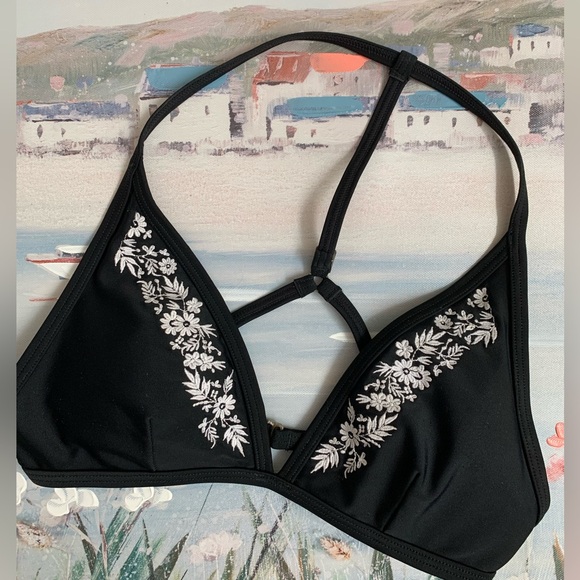 Vintage Abercrombie Black Bikini Swim Top White Embroidered - Picture 2 of 5